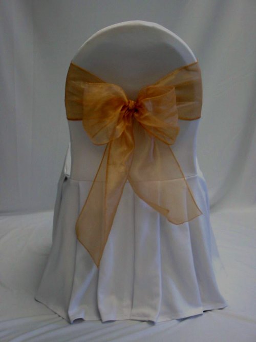 BANQUET CHAIR COVER  WHITE WITH GOLD ORGANZA SASH